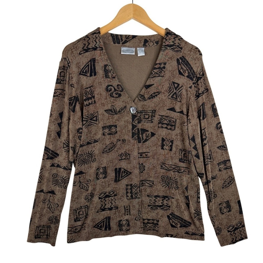 Chico's Travelers Womens 1 Button Cardigan Size 2 | US Size Large Brown Tribal